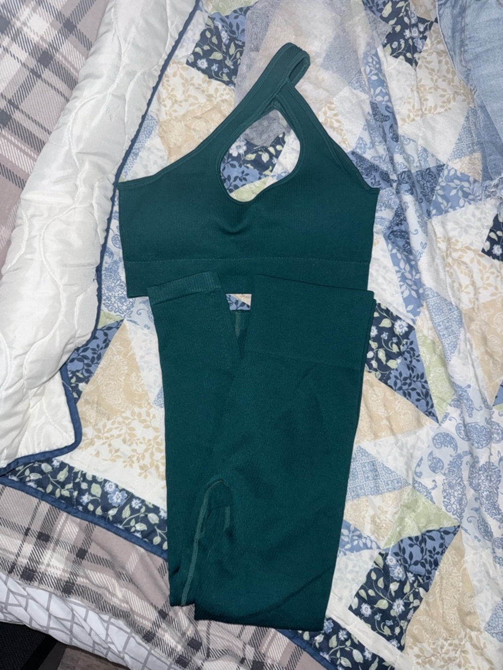 SHEIN Dark Teal One-Shoulder Crop Top and High-Waist Leggings